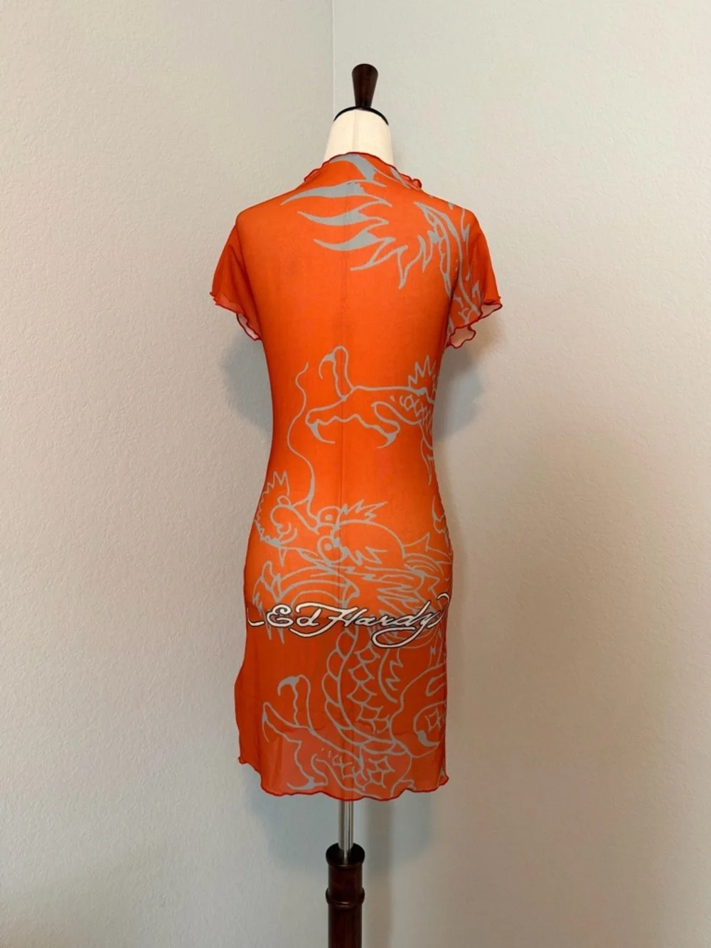 Ed Hardy Lotus Dragon Rhinestone Mesh Cover Up Mini Dress - Orange Combo - Picture 6 of 10